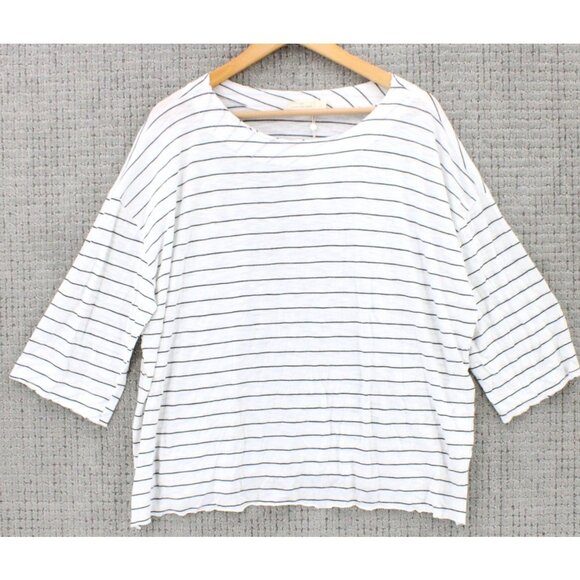 Michelle By Comune Blouse Top Women White Striped Crewneck 3/4 Sleeve Size Large - Picture 1 of 9